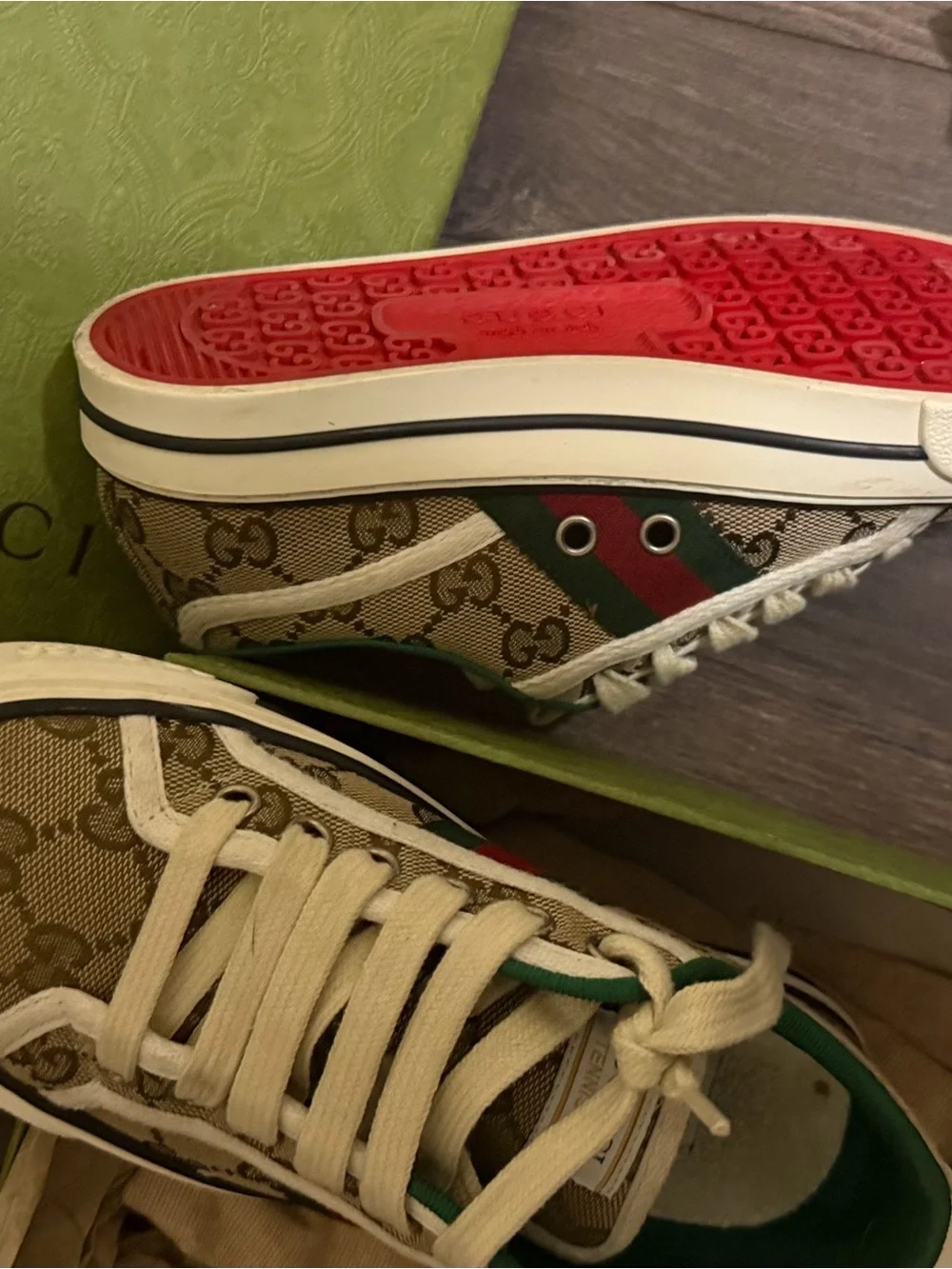 Gucci Beige GG Canvas Sneaker with Red & Green Stripe